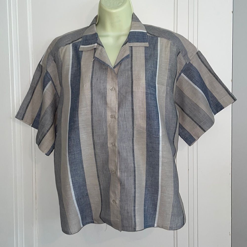 Vintage 80s or 90s Breckinridge tan, blue & cream vertical striped shirt